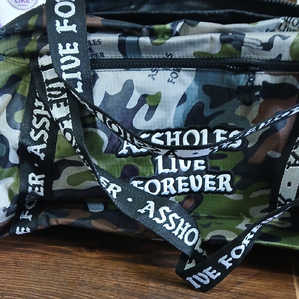 ALF Camouflage Duffel Bag with Bold Text NWOT UNISEX